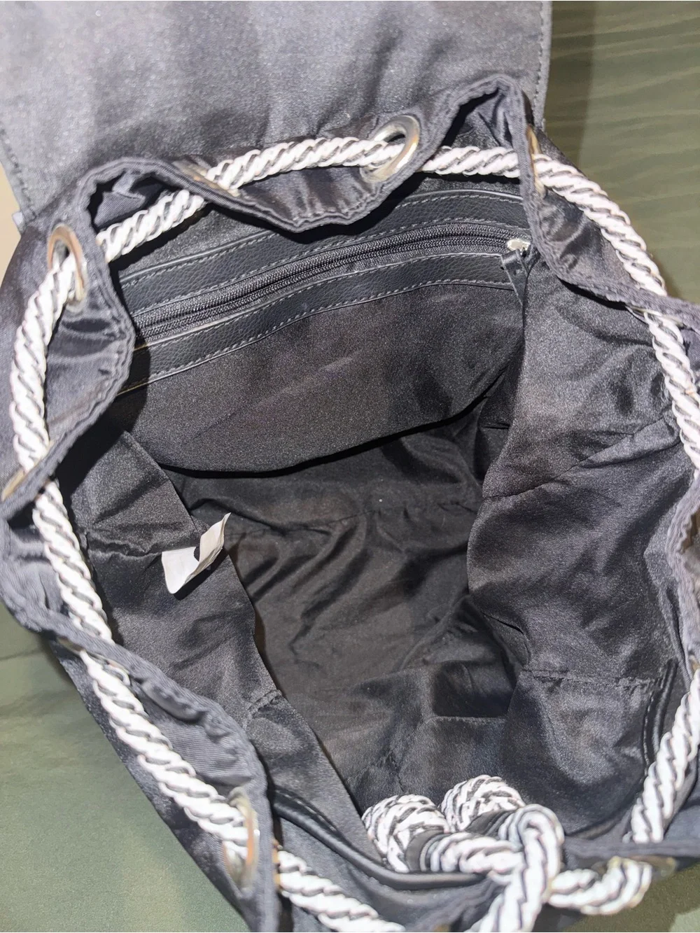 Madden Girl Black Nylon Drawstring Backpack with Silver Rope